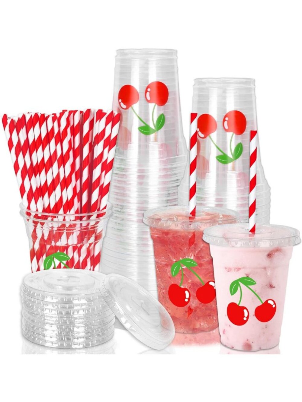 50 Pcs Cherry Disposable Plastic Cups with Lids & Straws - Summer Party Supplies